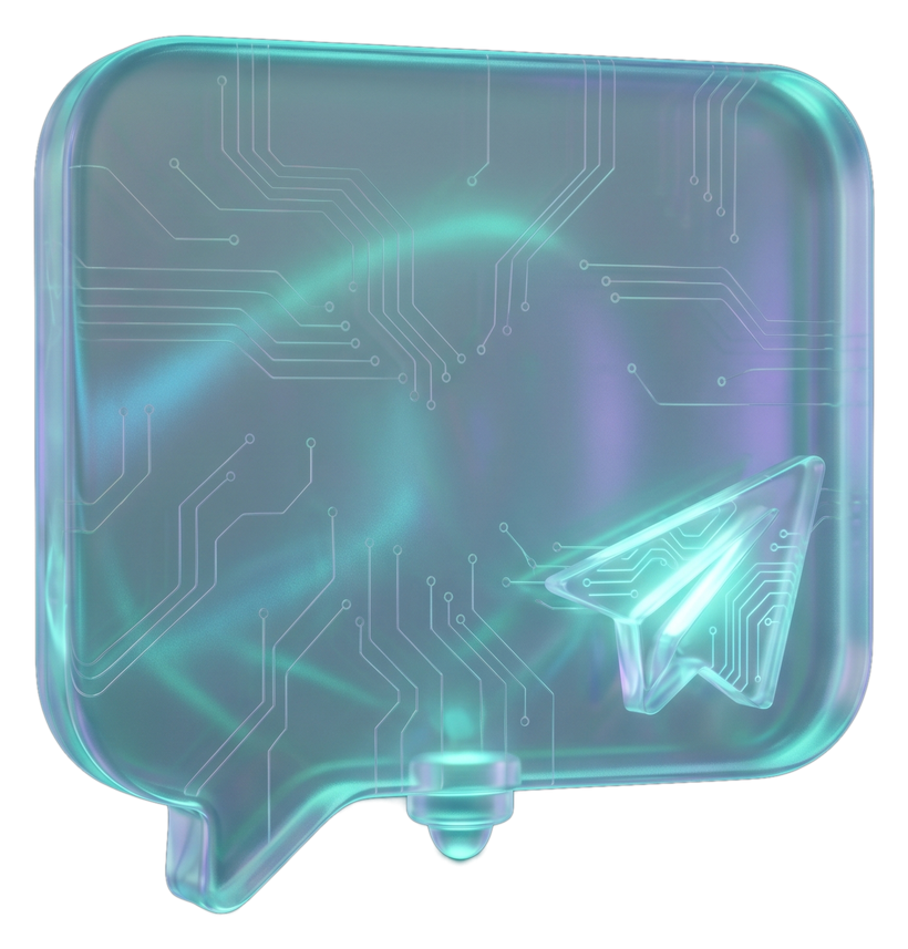 A glass chat bubble with a send arrow