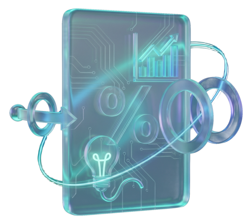 A glass article card with a chart and lightbulb