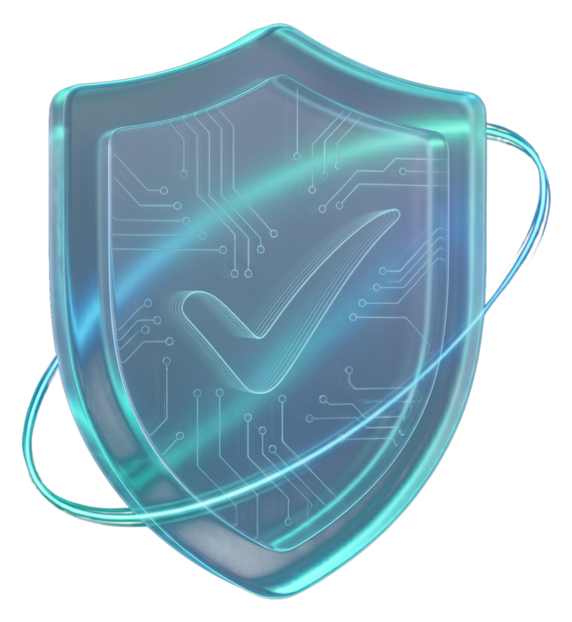 A glowing security shield with a check mark